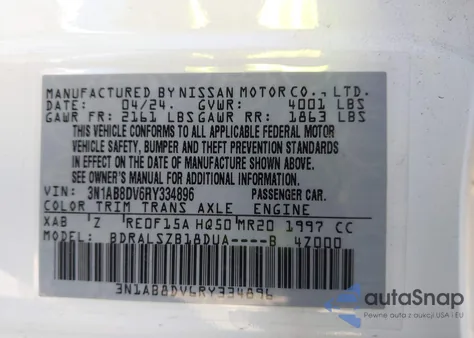 2024 Nissan Sentra Sr Xtronic Cvt из США, поврежденный, VIN 3N1AB8DV6RY334896